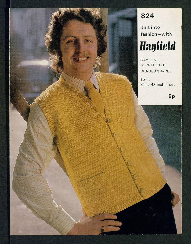Man's waistcoat, in 8 sizes - in Hayfield Gaylon or Crepe D.K., Beaulon 4-ply, to fit 34 to 48 inch chest by Hayfield Published 1960s