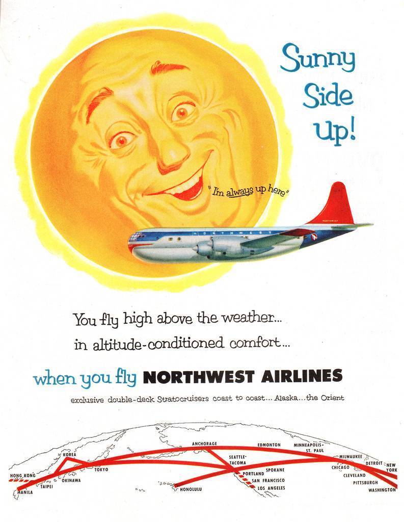 1953, vintage adverts, Northwest Airline, advertising, retro ads