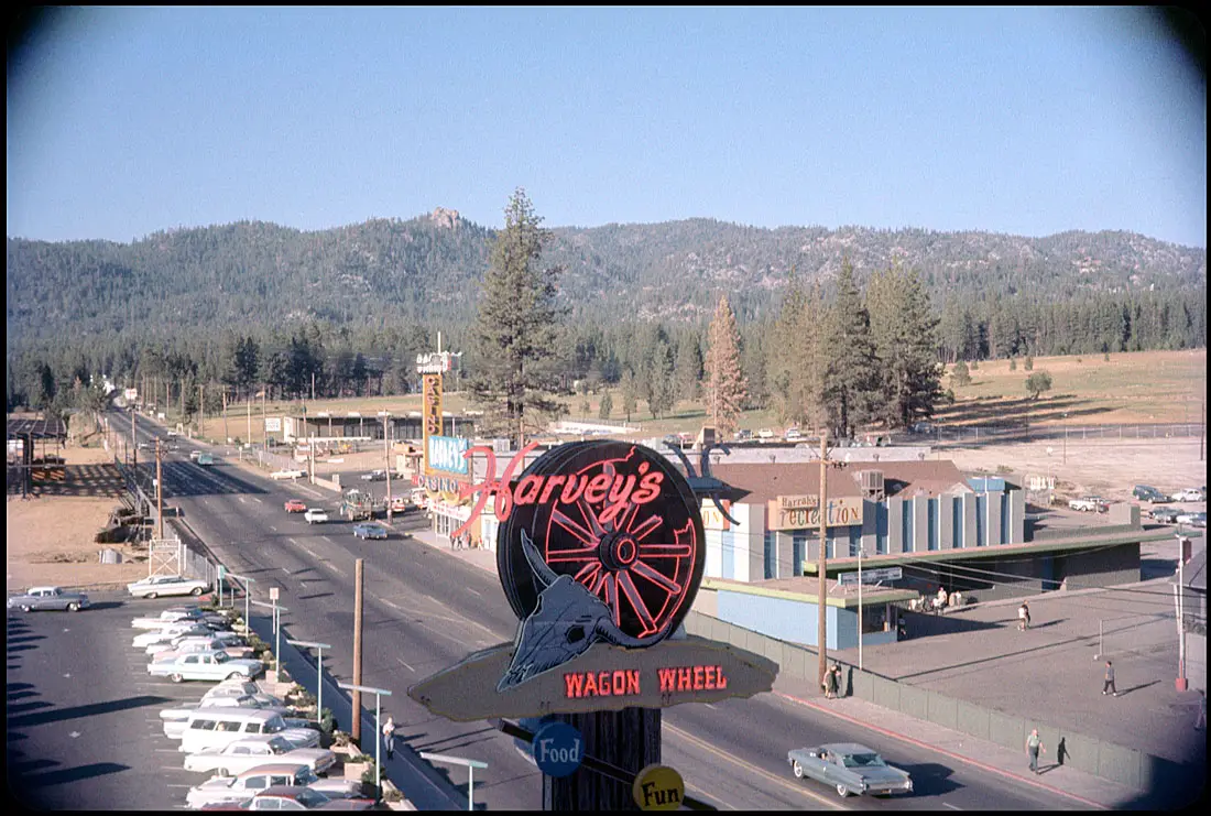 Harvey's Wagon Wheel, Lake Tahoe - 1964 Opened in 1944. Harveys announced on April 24, 2001, that it would be acquired by Harrah's Entertainment, for $625 million. That's Harrah's across the street.