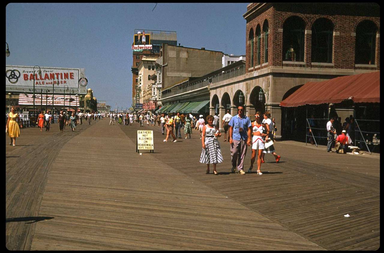 Boardwalk, Atlantic City - 1953 Here on the Boardwalk, you may wonder why you're in the mood for a Ballantine. Could it be the 200ft. sign behind you?? And whateryer doin on the boardwalk in yer trunks??? Getouddahere.