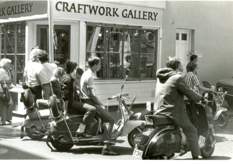 Mods on scooters in the Carnaby Street area of London being filmed for 'Steppin' Out', summer 1979.