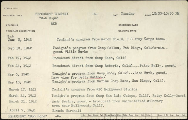 Sponsor card for Bob Hope's Pepsodent Show, February-June 1942.