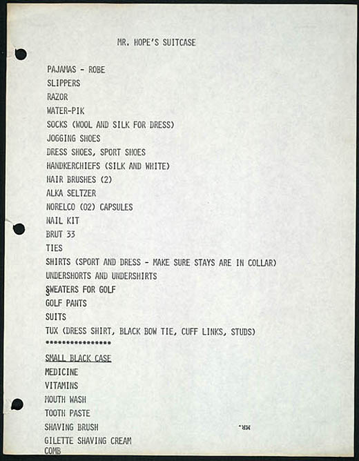 Bob Hope's Packing List for a U.S.O. tour, 1969