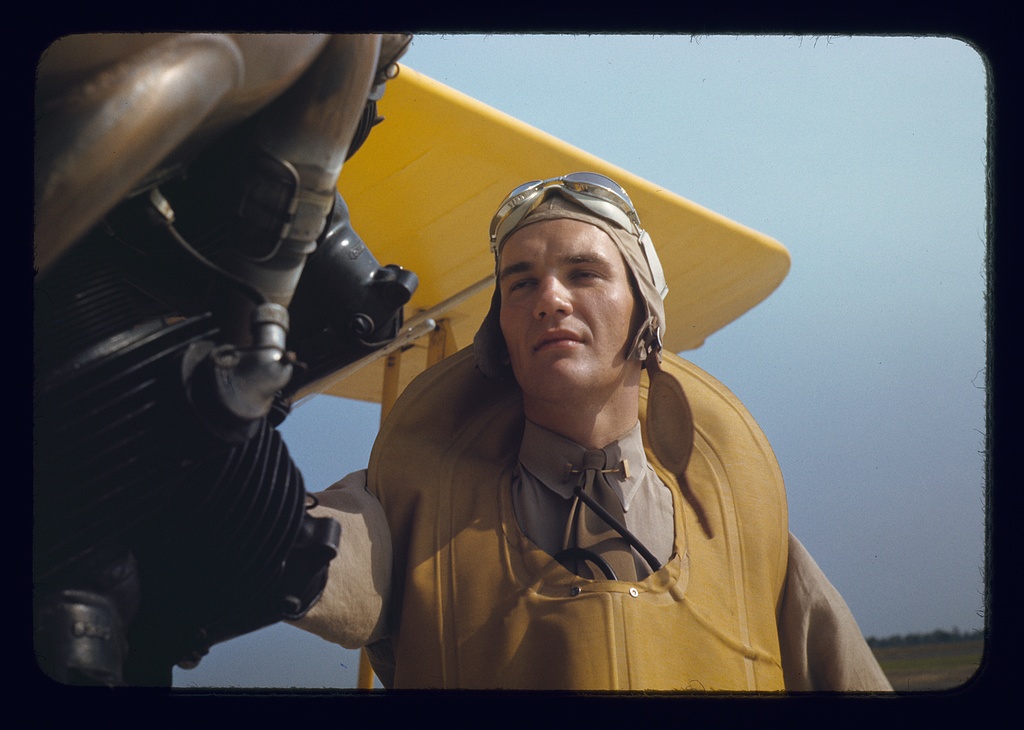 Marine lieutenant by the power towing plane for the gliders at Page Field, Parris Island, S.C.