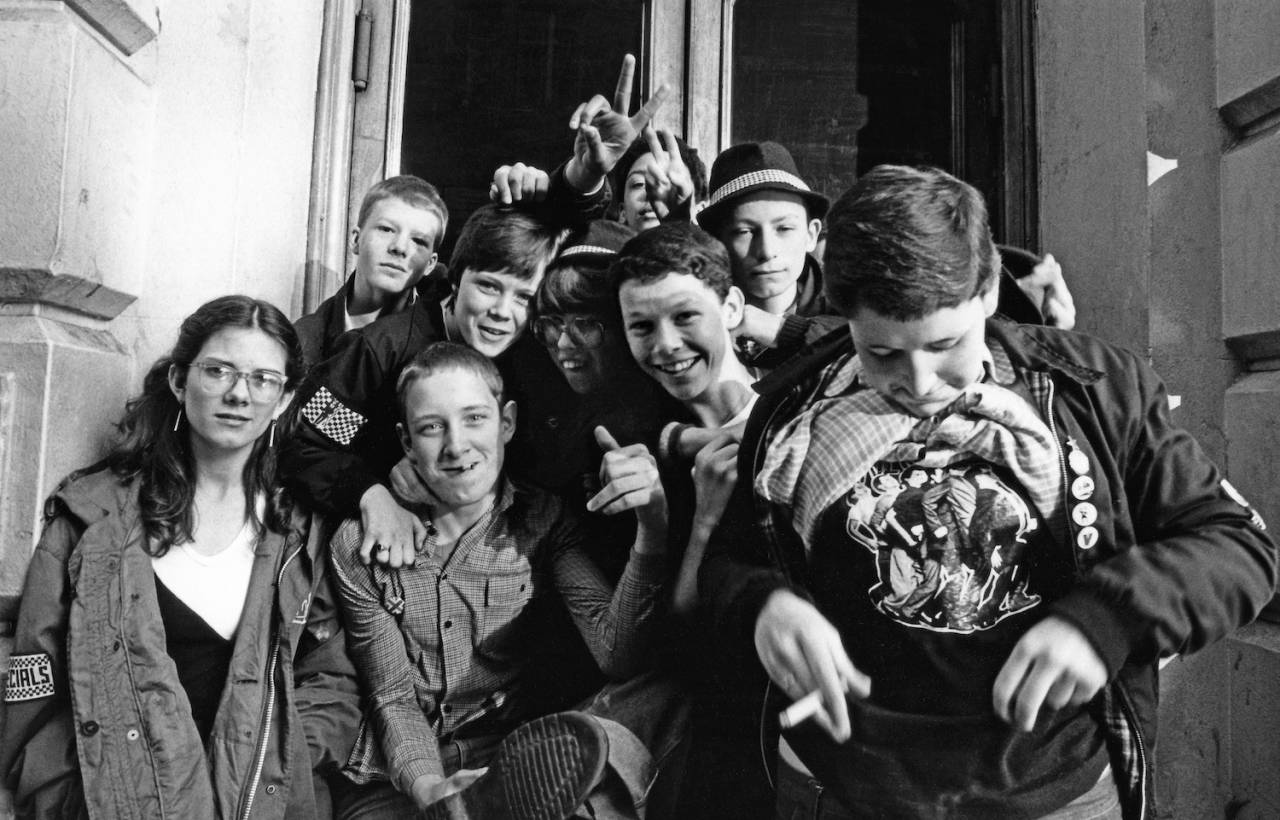 A group of kids, Ska, 2 Tone fans, gesturing, Coventry, UK 1980