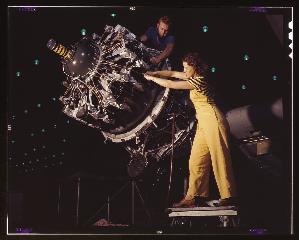 Women are trained to do precise and vital engine installation detail in Douglas Aircraft Company plants, Long Beach, Calif.