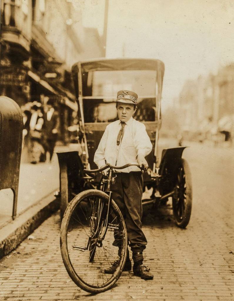 May 1910 "Harvey Buchanan, Postal Telegraph Co. Messenger No. 1908. 14 years of age. 1 year in service. Works from 7 a.m. to 6 p.m. $4 weekly. Visits houses of prostitution. Smokes."