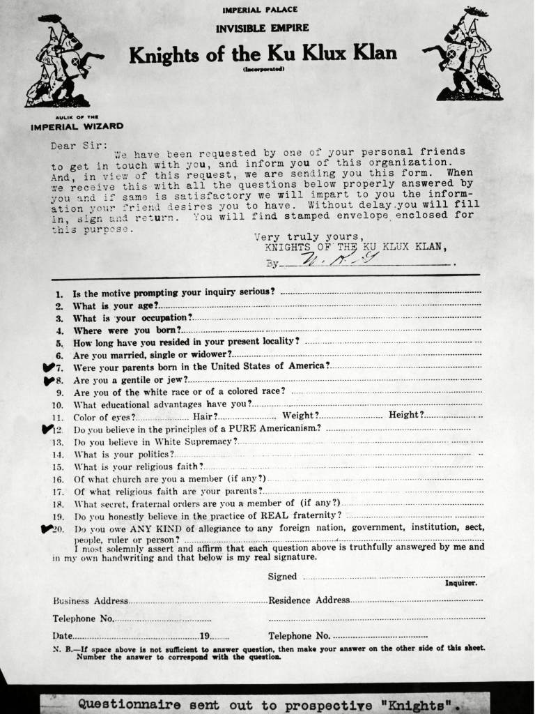 Questionnaire sent out to prospective members of the Ku Klux Klan. 1921. (1187) Questionnaire sent out to prospective members of the Ku Klux Klan. 1921. (CSU_ALPHA_1187) 