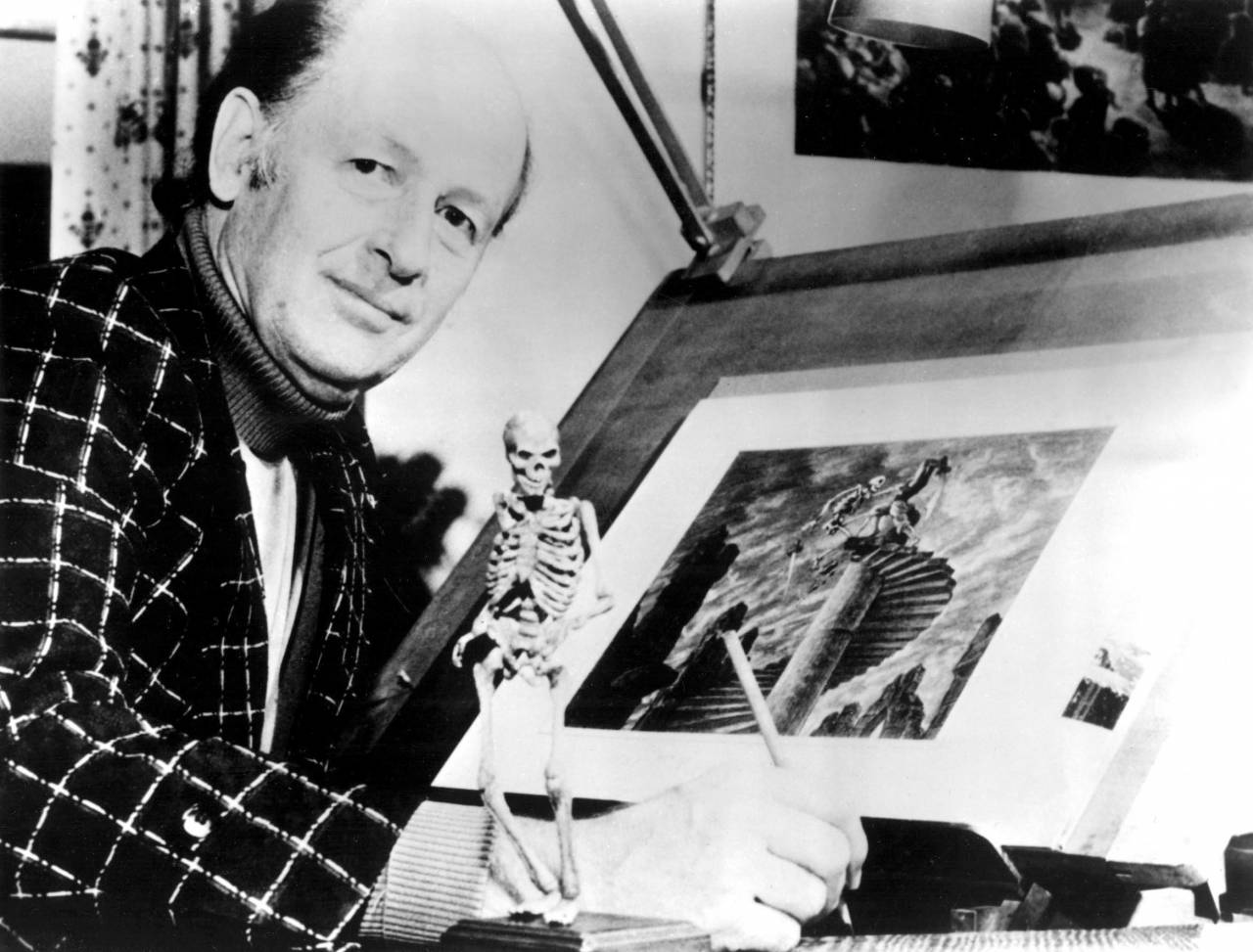 No Merchandising. Editorial Use Only. No Book Cover Usage Mandatory Credit: Photo by Everett/REX/Shutterstock (447344b) Ray Harryhausen with skeleton model and drawings for 'The Seventh Voyage of Sinbad' - 1970s VARIOUS RAY HARRYHAUSEN