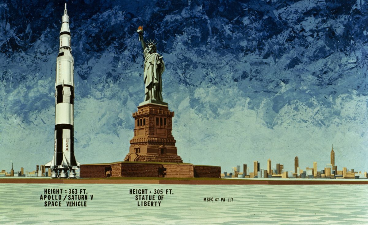 This 1967 illustration compares the Apollo Saturn V Spacecraft of the Moon Landing era to the Statue of Liberty located on Ellis Island in New York City. The Apollo Saturn V, at 363 feet towers above Lady Liberty, as the statue is called, standing at 305 feet.Credit: NASA