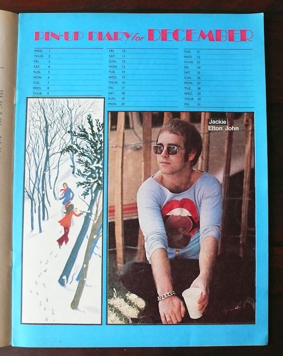 Mr Freedom designs produced under Myles’ former partner Tommy Roberts appeared elsewhere in the same issue. Here customer Elton John sports an appliqued top