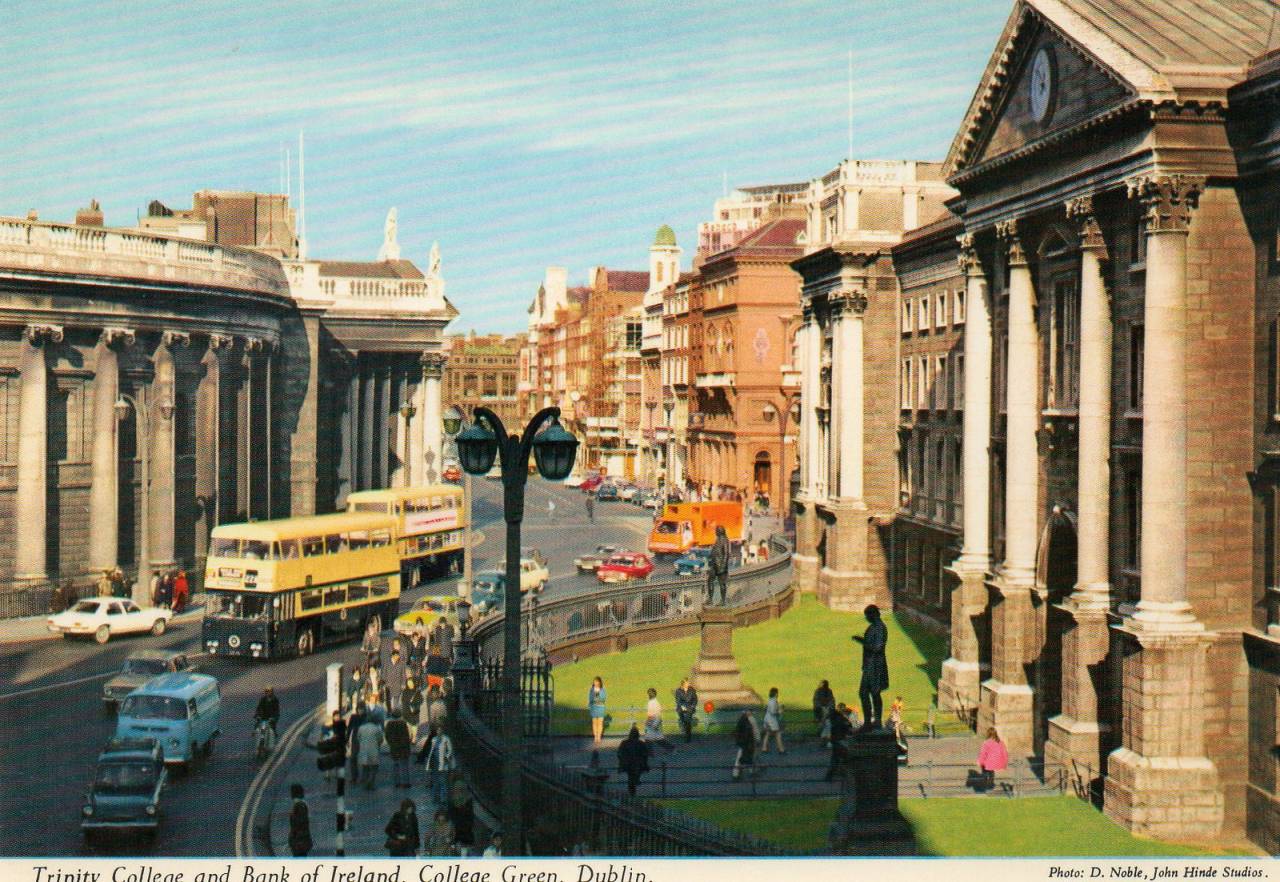 Trinity College and Bank of Ireland, College Green. Postcard published by John Hinde Ltd, ca 1970s Photo by D. Noble, John Hinde Studios.