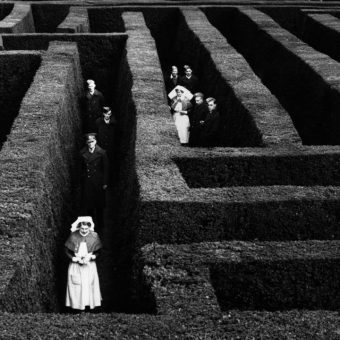 Soldiers And Nurses Lost in the Maze at Hatfield House, Hertfordshire, England, 1940
