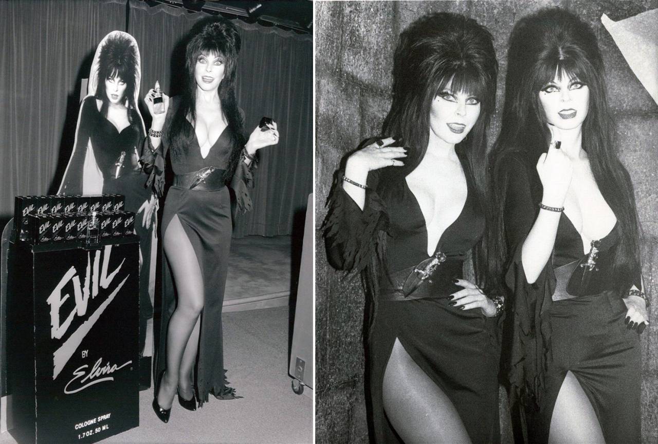 Elvira's perfume brand "Evil" and her likeness at the wax museum
