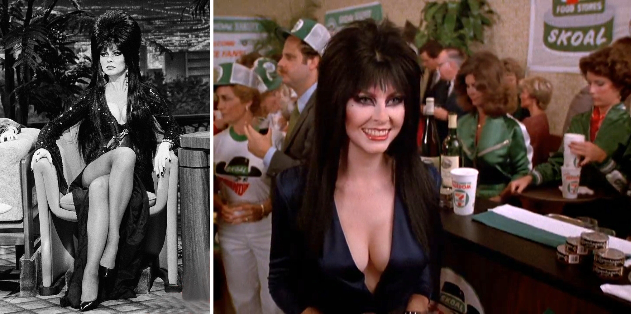 Elvira on The Tonight Show (L) and Stroker Ace (R)