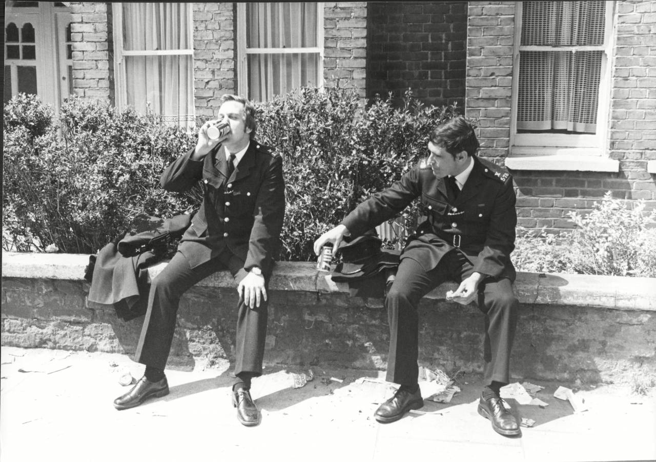 Pickets Wearing Police Helmets And Pig Face Masks Outside The Grunwick Plant In Willesdon London. The Grunwick Dispute Was An Industrial Dispute Involving Trade Union Recognition At The Grunwick Film Processing Laboratories Which Led To A Two-year St