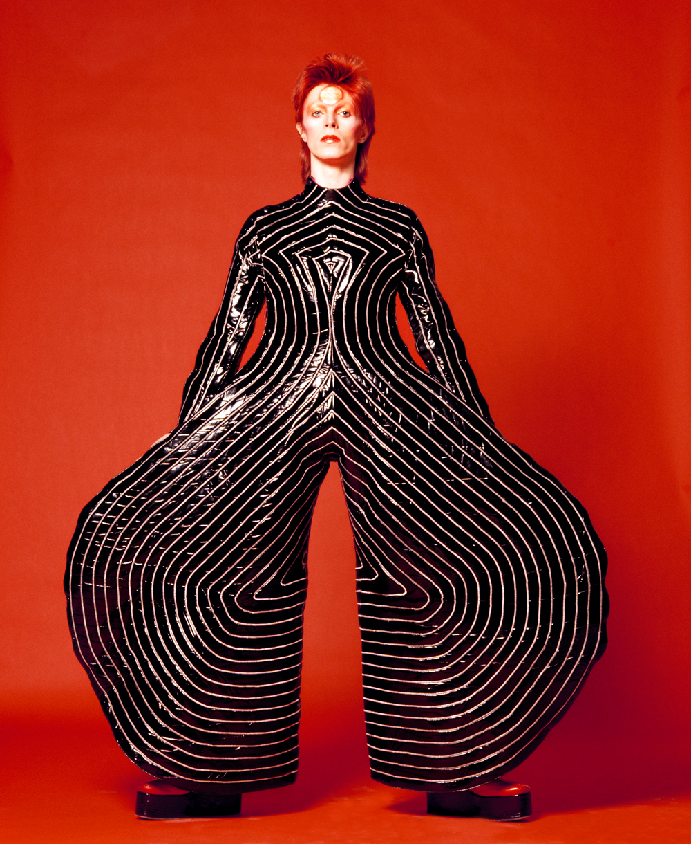 Bowie in a striped bodysuit designed by Kansai Yamamoto for the Aladdin Sane tour (1973) 