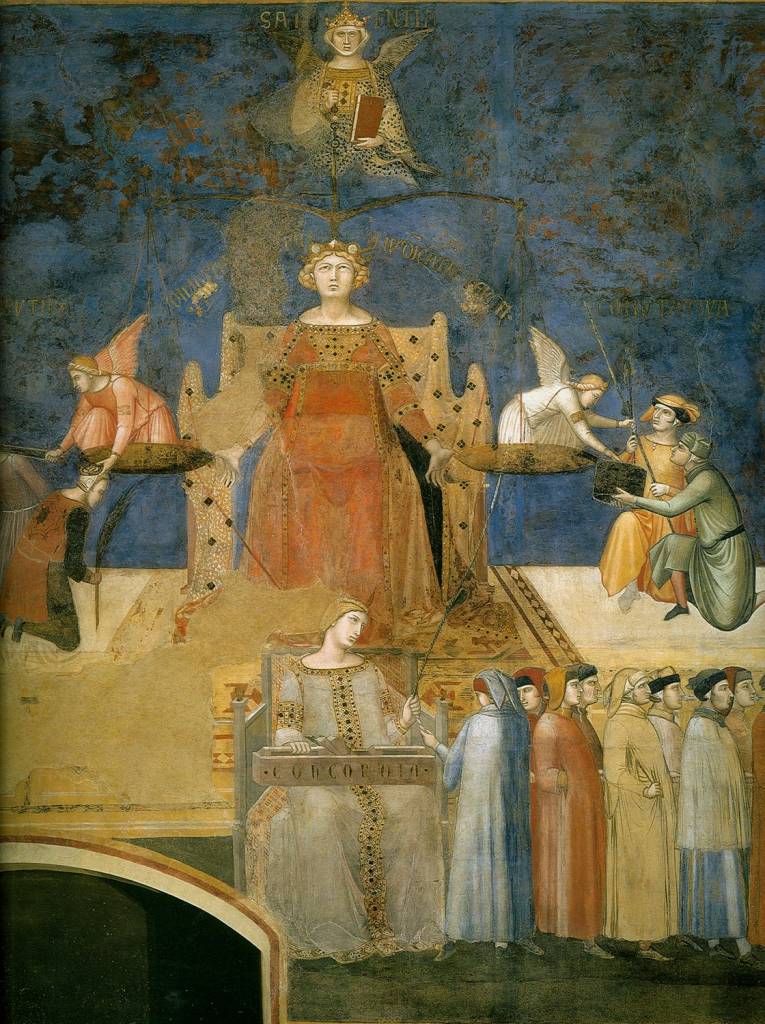 Ambrogio Lorenzetti, An allegory of Justice from the Allegory of Good Government. Concord sits at the feet of Justice and accepts the end of a chord from a Sienese citizen. The Common Good of Siena holds the other end in his right hand. Citizens hold the chord between them.