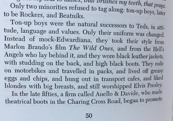From the section in Nik Cohn’s book on Rockers, the inspiration for McLaren to change 430 King’s Road from Let It Rock to Too Fast To Live Too Young To Die in 1973