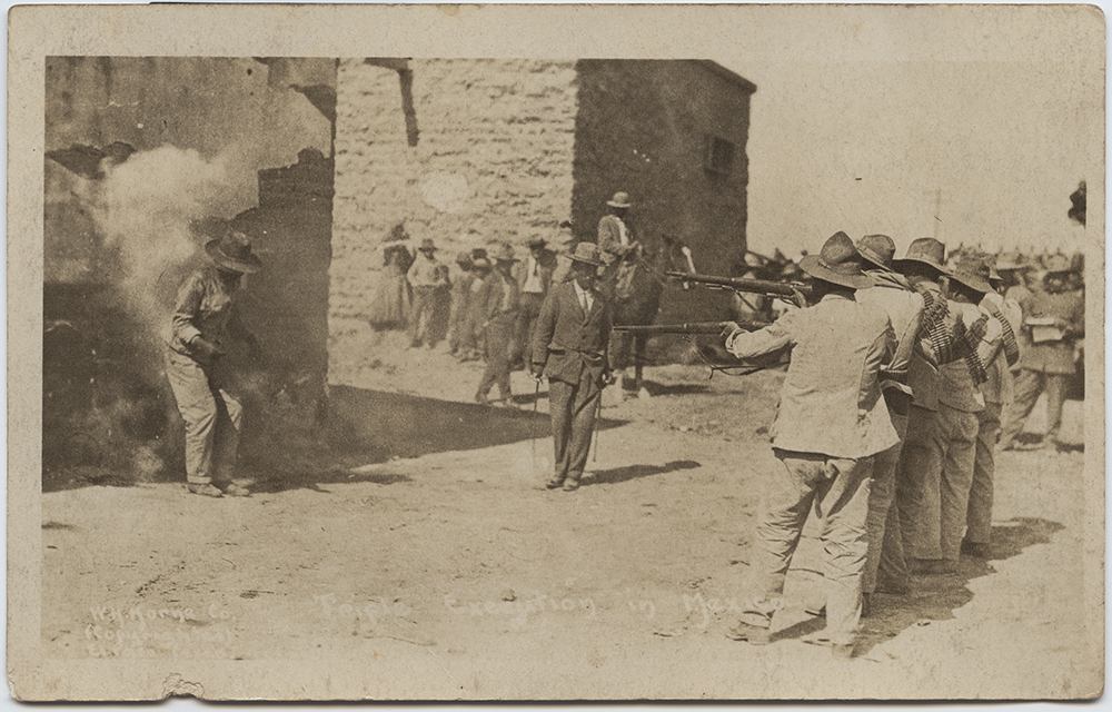 Triple execution in Mexico Title: Triple execution in Mexico Creator: Horne, Walter H., 1883-1921 Date: January 15, 1916 Place: Ciudad Juarez, Chihuahua, Mexico Part Of: Collection of Walter H. Horne photographs Series: Triple Execution in Mexico Series Description: This image is one of a group of photographs by Horne known as the 'triple execution' series. It depicts the execution of three condemned prisoners for allegedly stealing military supplies. The victims, Francisco Rojas, Juan Aguilar and Jose Moreno were executed on January 15th, 1916, at the Northwest Railroad Station, in Ciudad Juarez, Mexico. (Vanderwood and Samponaro 1988, 68)