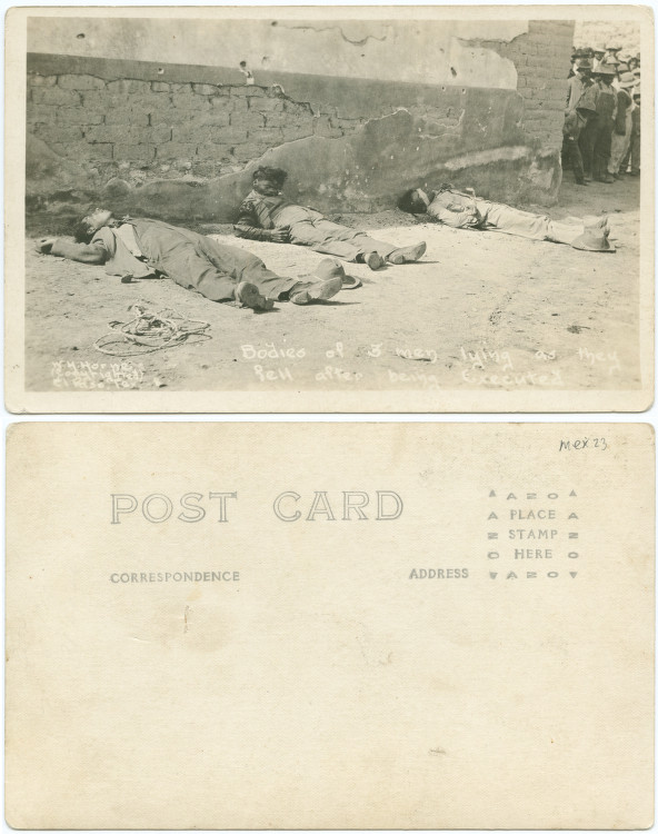 Bodies of 3 men lying as they fell after being executed. Title: Bodies of 3 men lying as they fell after being executed. Creator: Horne, Walter H., 1883-1921 Date: January 15, 1916