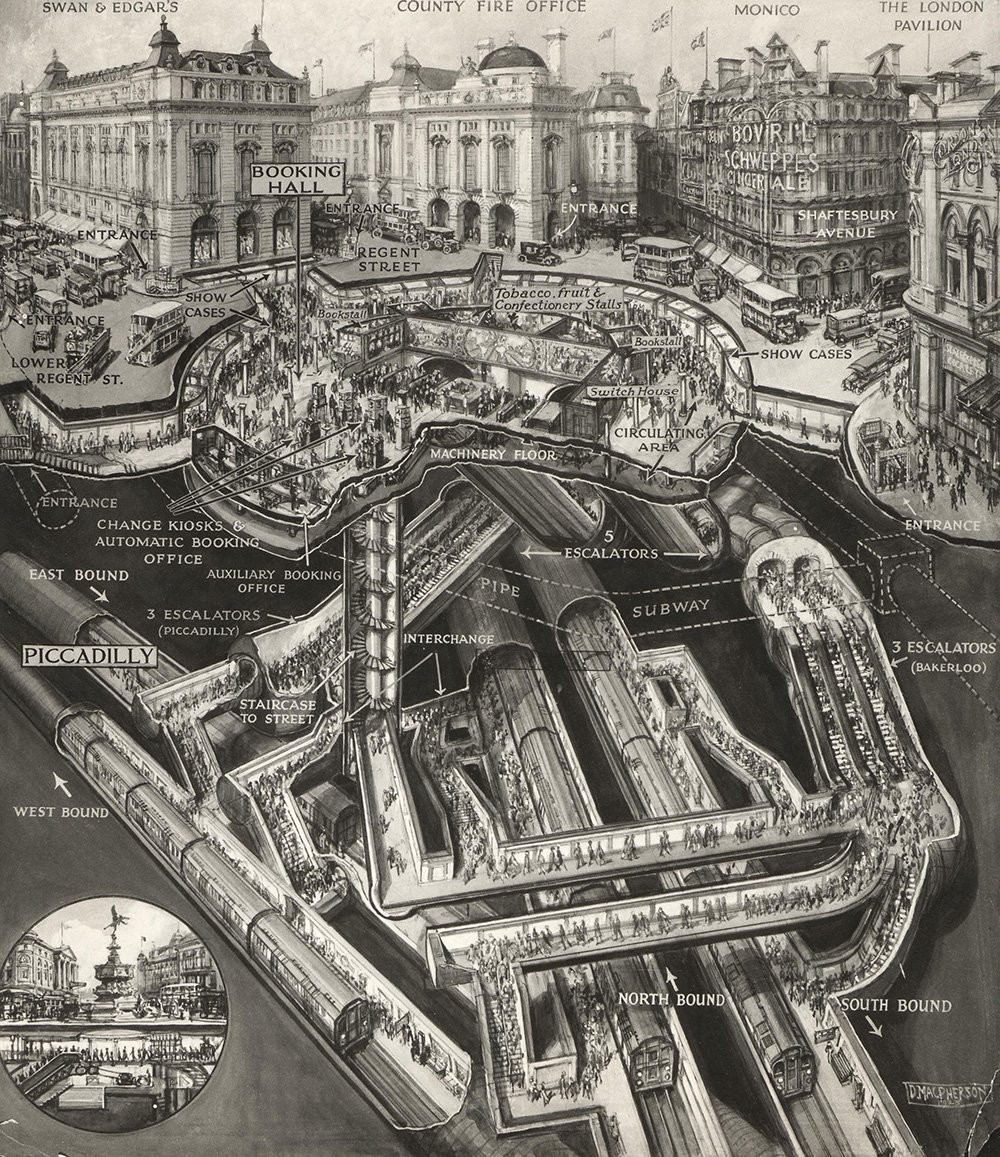 Cutaway diagram of Piccadilly Circus Douglas Macphearson