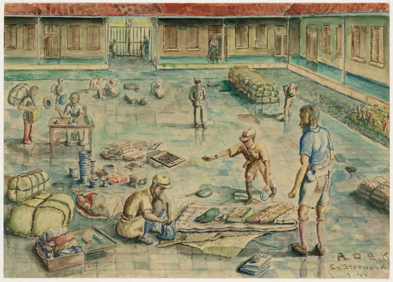 maker creator: Steenwijk Cornelis van Manufacture Year 01-01-1944 Period WWII Description A watercolor of a courtyard where two Japanese soldiers search duffel bags. Center, left, a man behind a table that says something to a standing man with duffel bag on the back. Perhaps there are preparations for transport to Kampement 15th Battalion + 1st Depot Battalion, Luchtdoelartillerie, Tjikoedapateuh (Bandung) pictured in January 1944.