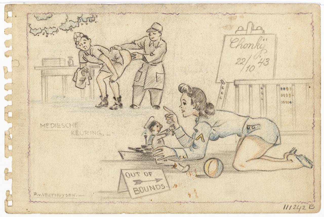 A pencil (color) "Medi Serbian inspection". Right in the foreground a ground kneeling woman in uniform. She holds a doll in sailor uniform. Behind the pop an image of a warship. Left in the foreground a sign that read: "Out of bounds". In women, there is a ball. In the right background a playpen with behind a chalkboard with the words: "Chonky 22/10 '43." Top left in the background a soldier checking the naked buttocks of another burdened standing military. Below is the text: "Medi Serbian inspection".