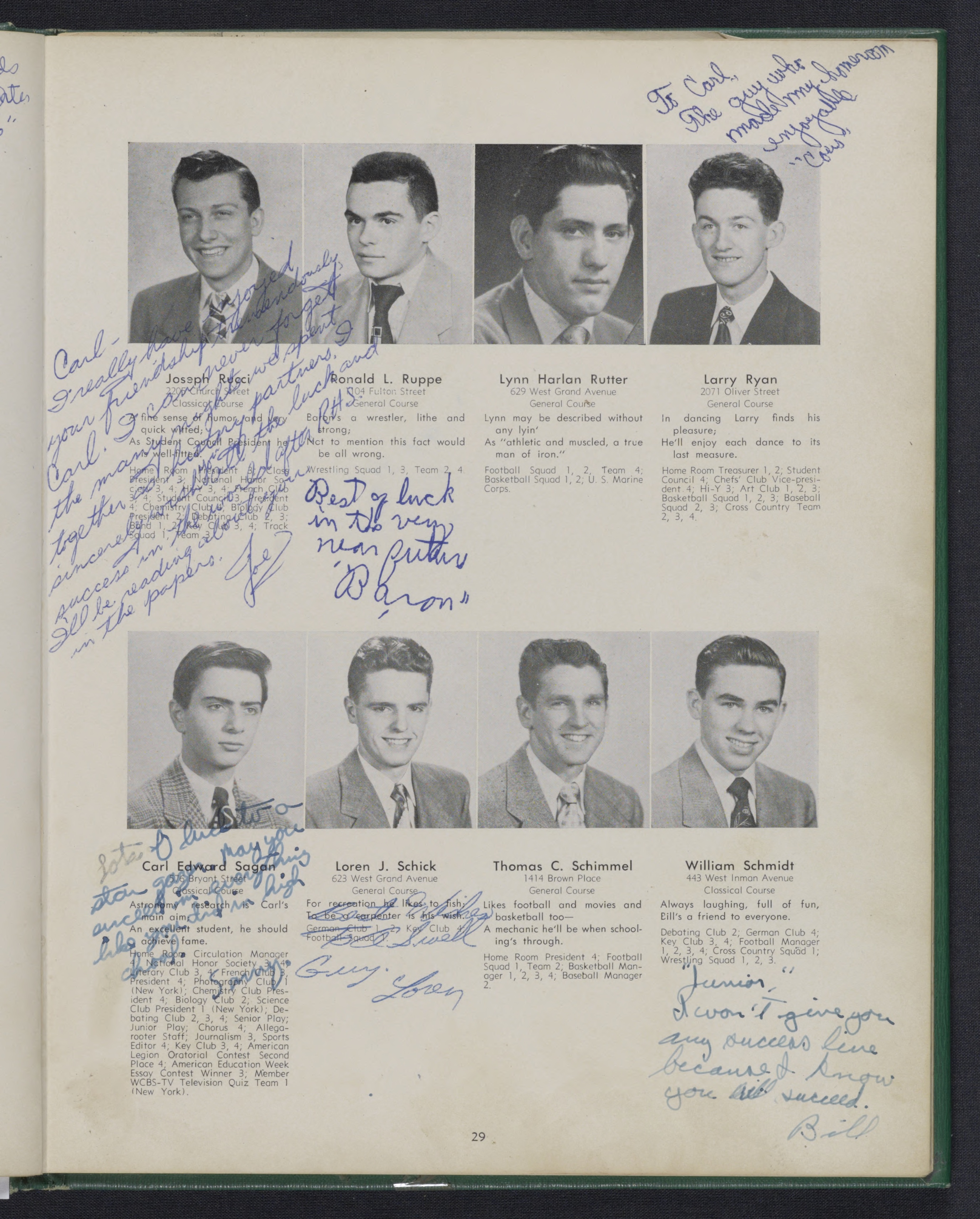 Carl Sagan’s senior high school yearbook, below the photo: Astronomy research is Carl’s main aim; An excellent student, he should achieve fame. 1951, Rahway High School yearbook