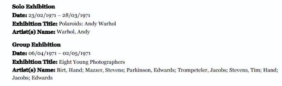 From the Photographers Gallery listings. The show was preceded by an exhibition of Andy Warhol’s Polaroids
