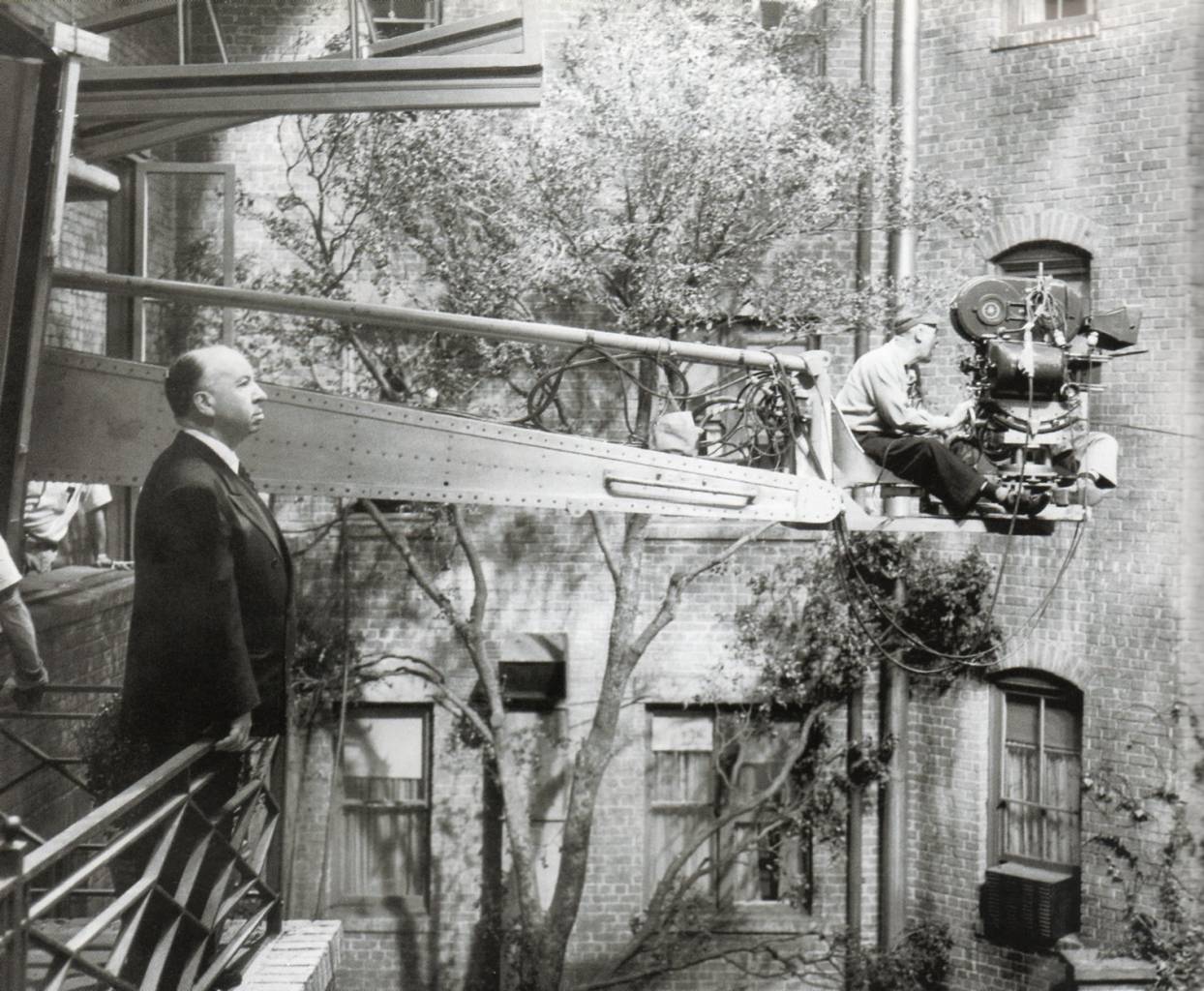 Hitchcock on the set of Rear Window, 1954