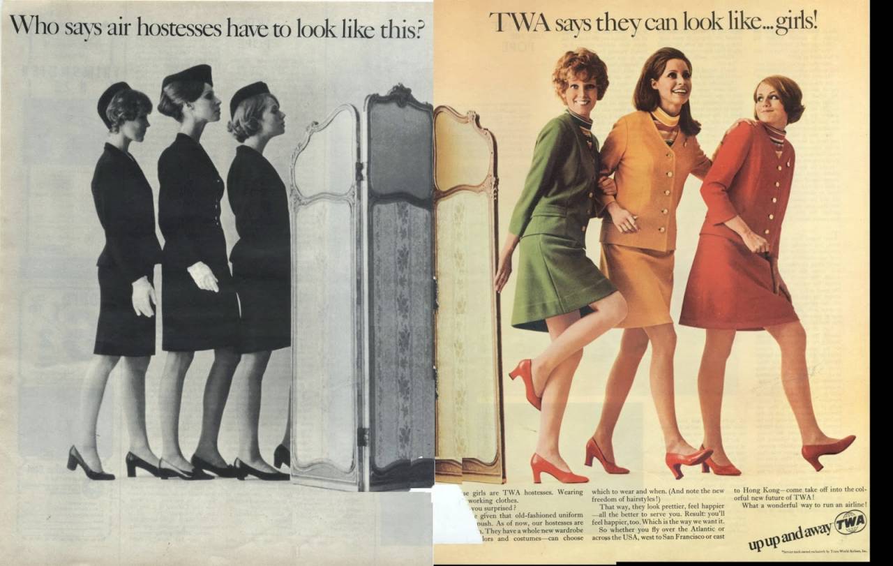 Who says air hostesses have to look like this... TWA says they can look like ... Girls! 1969