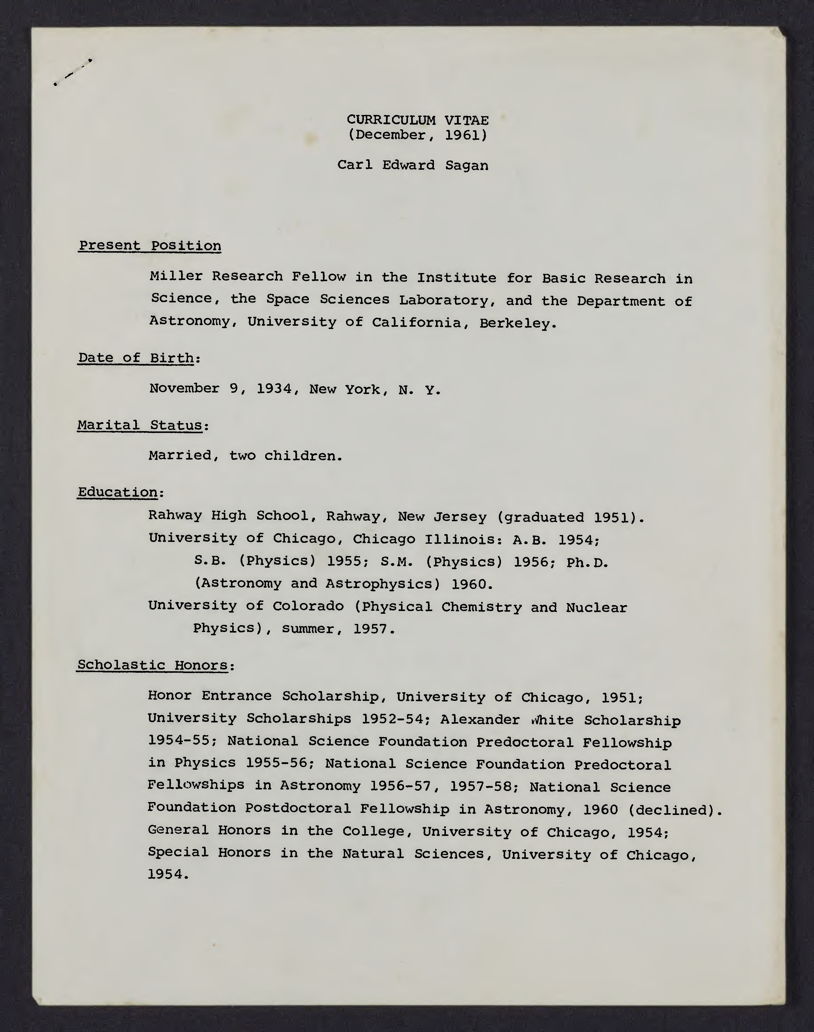 carl sagan CV resume 1961