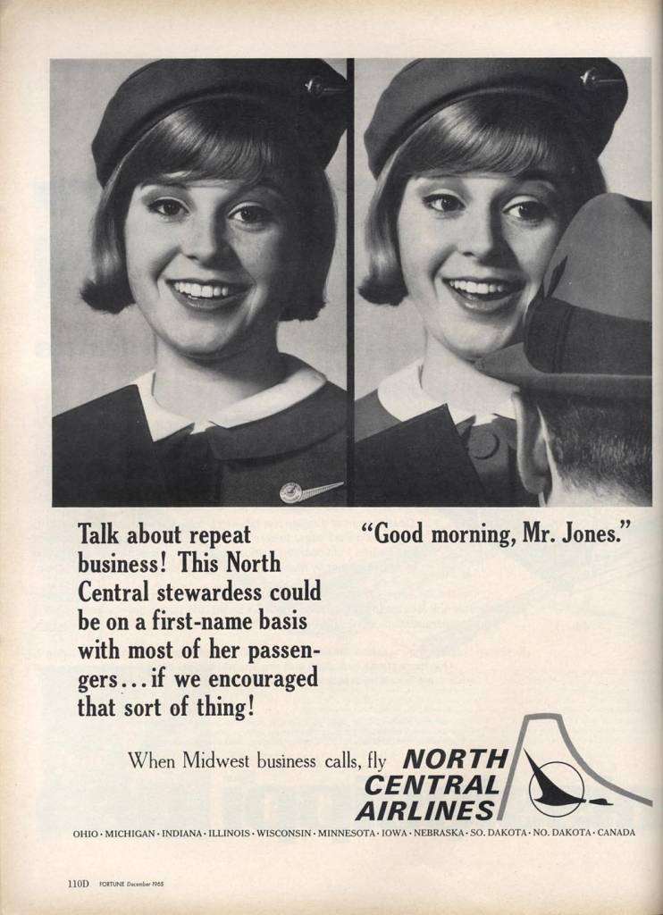 on first name terms with her customers, North Central Airplines, December 1964