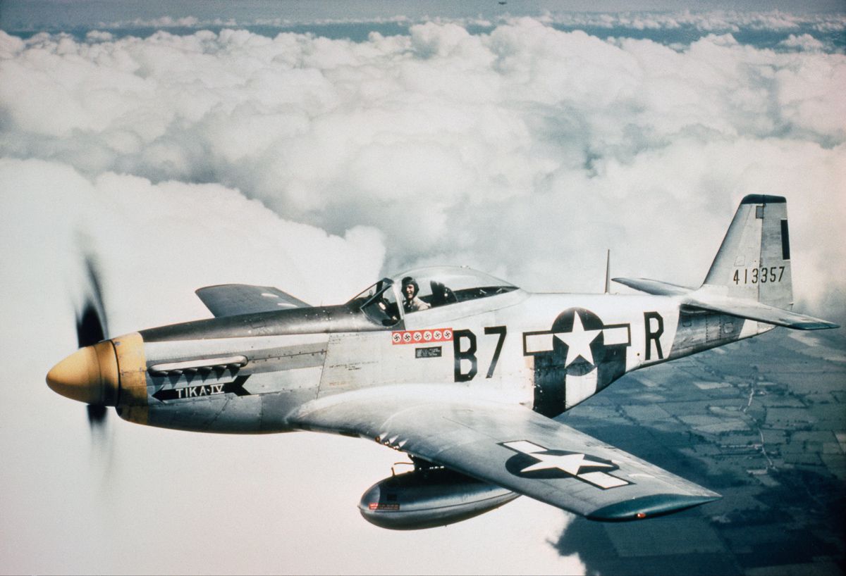 1944 Lieutenant Vernon R Richards of the 361st Fighter Group flies his P-51D Mustang, nicknamed ‘Tika IV’, during a bomber escort mission.