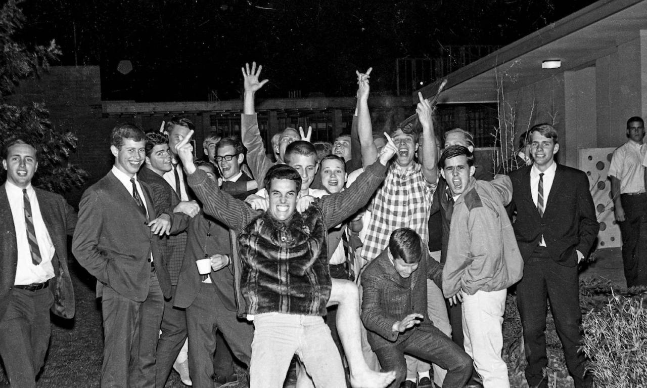 Weekend bash at one of men's dorms, circa early 1967, Fresno State College