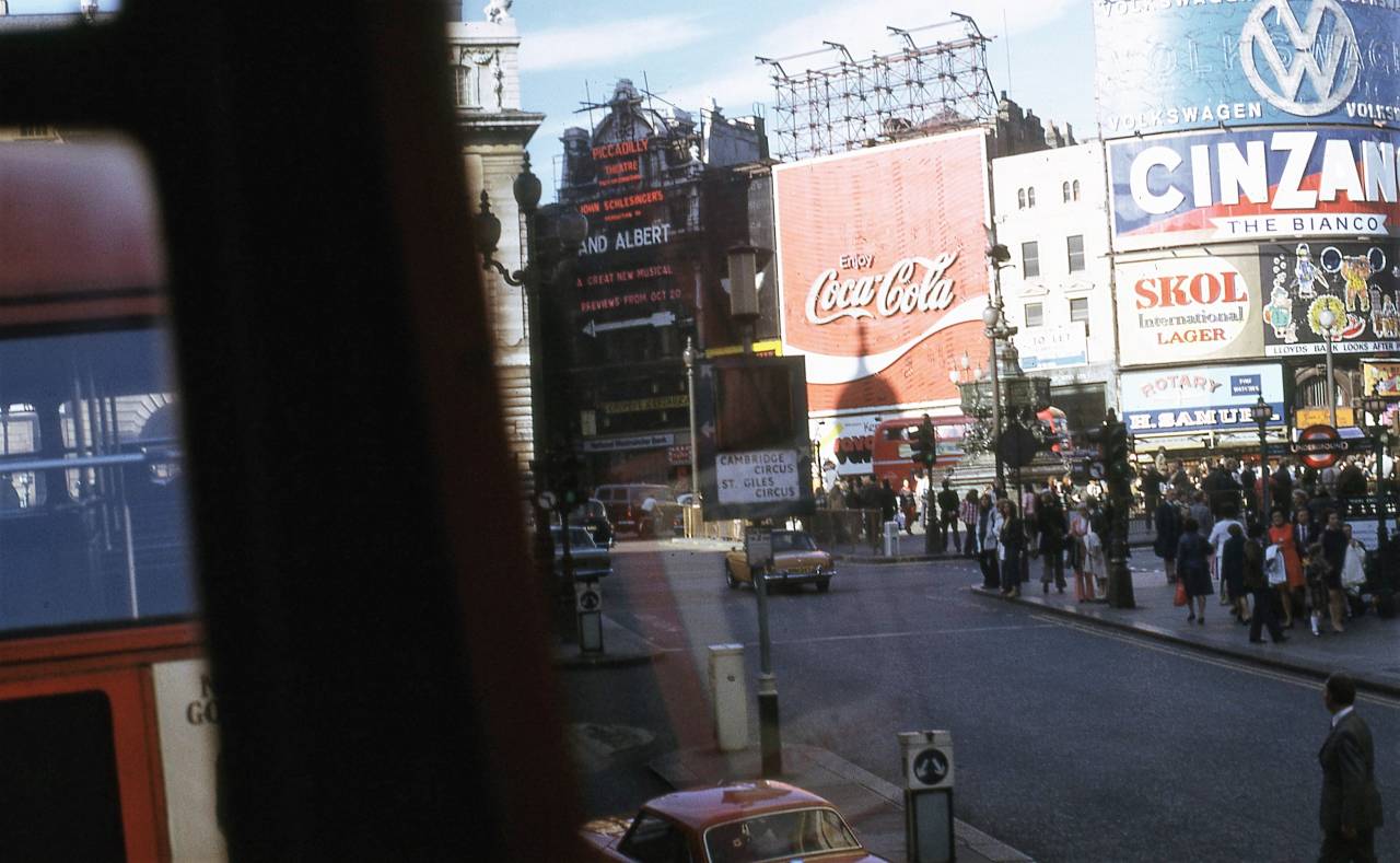Riding on a bus at Piccadilly Circus, London 1972