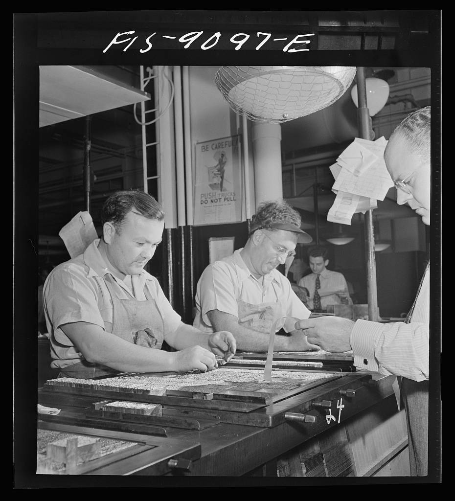 Composing room of the New York Times newspaper. Page make-up