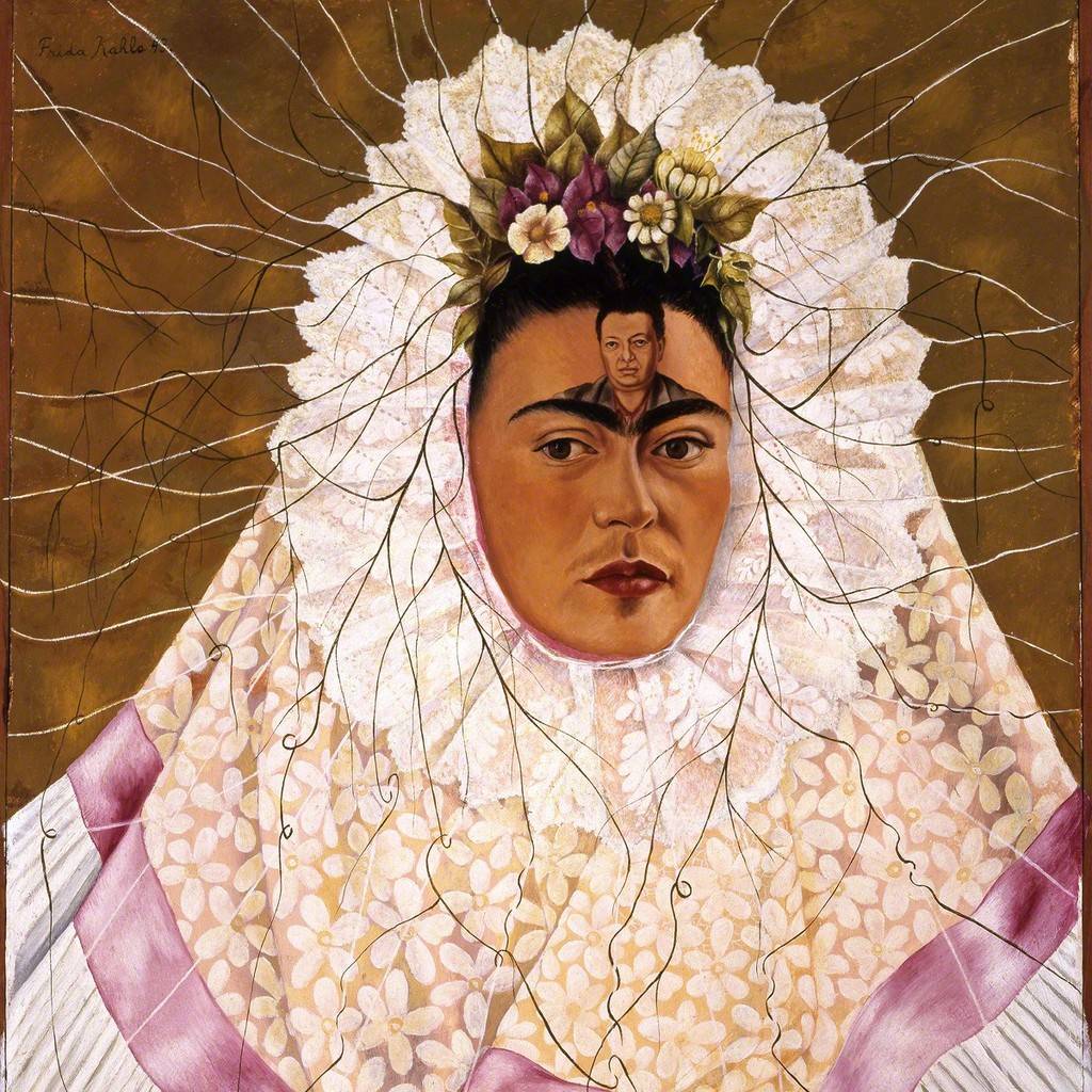 Diego en mi pensamiento is a self-portrait in the traditional wedding attire of Tehuatepec women from Oaxaca, Mexico. In the center of her forehead is a portrait of Diego. It was completed in 1943, which would have been after multiple affairs and their subsequent divorce and remarriage