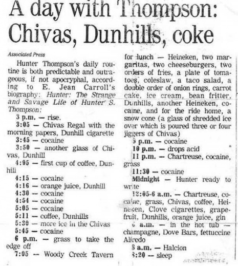 Hunter S Thompson daily drink and drugs