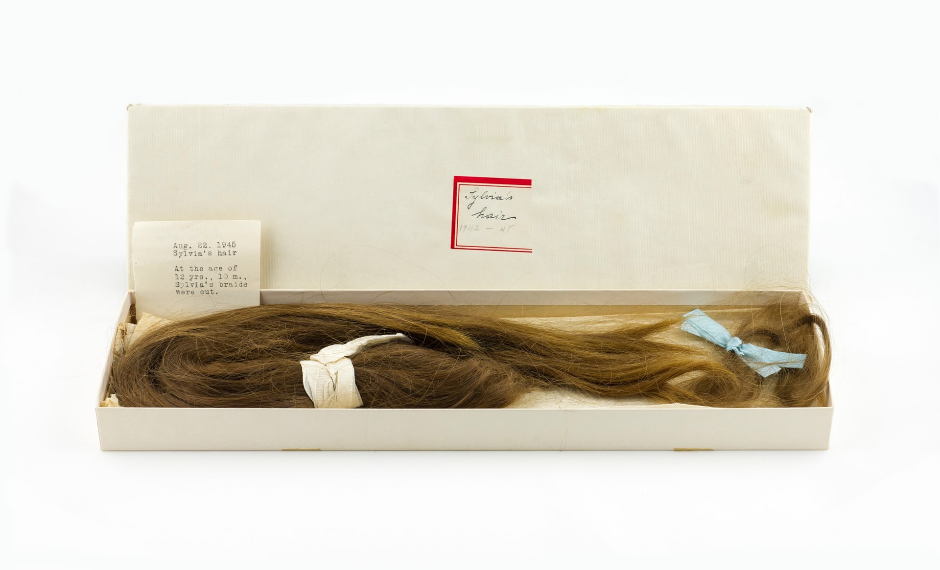 Sylvia Plath’s Childhood Ponytail with her mother’s inscription, August 1945 Photograph: Courtesy The Lilly Library, Indiana University, Bloomington, Indiana