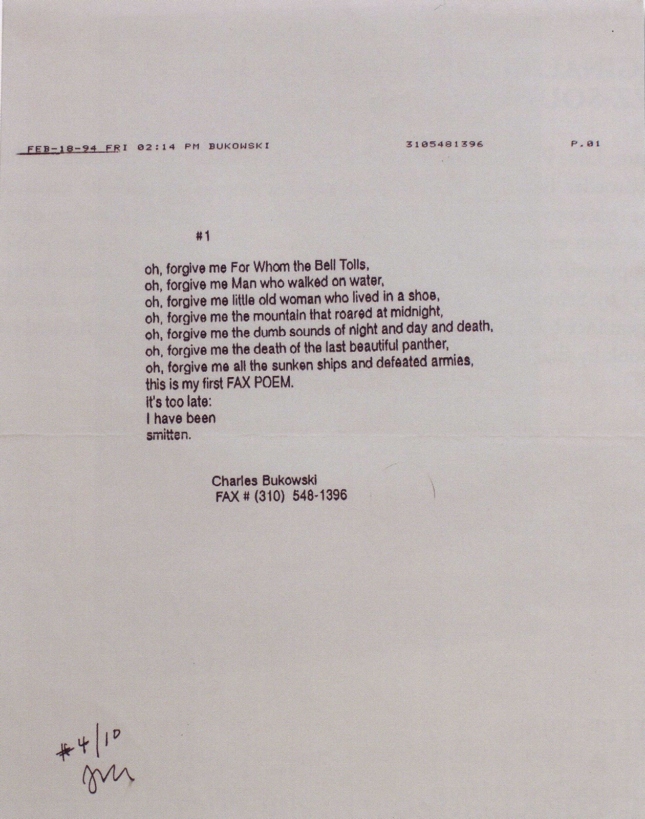 charles bukowski last poem fax