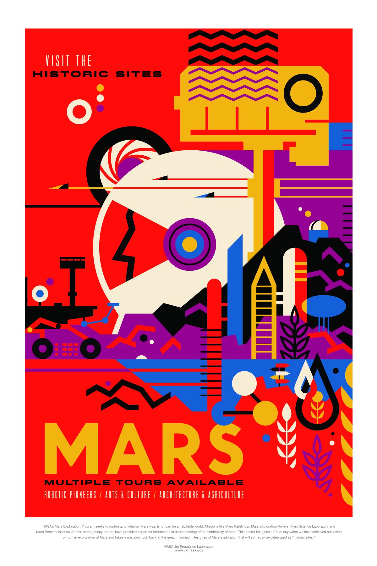 NASA's Mars Exploration Program seeks to understand whether Mars was, is, or can be a habitable world. Mission like Mars Pathfinder, Mars Exploration Rovers, Mars Science Laboratory and Mars Reconnaissance Orbiter, among many others, have provided important information in understanding of the habitability of Mars. This poster imagines a future day when we have achieved our vision of human exploration of Mars and takes a nostalgic look back at the great imagined milestones of Mars exploration that will someday be celebrated as “historic sites.”