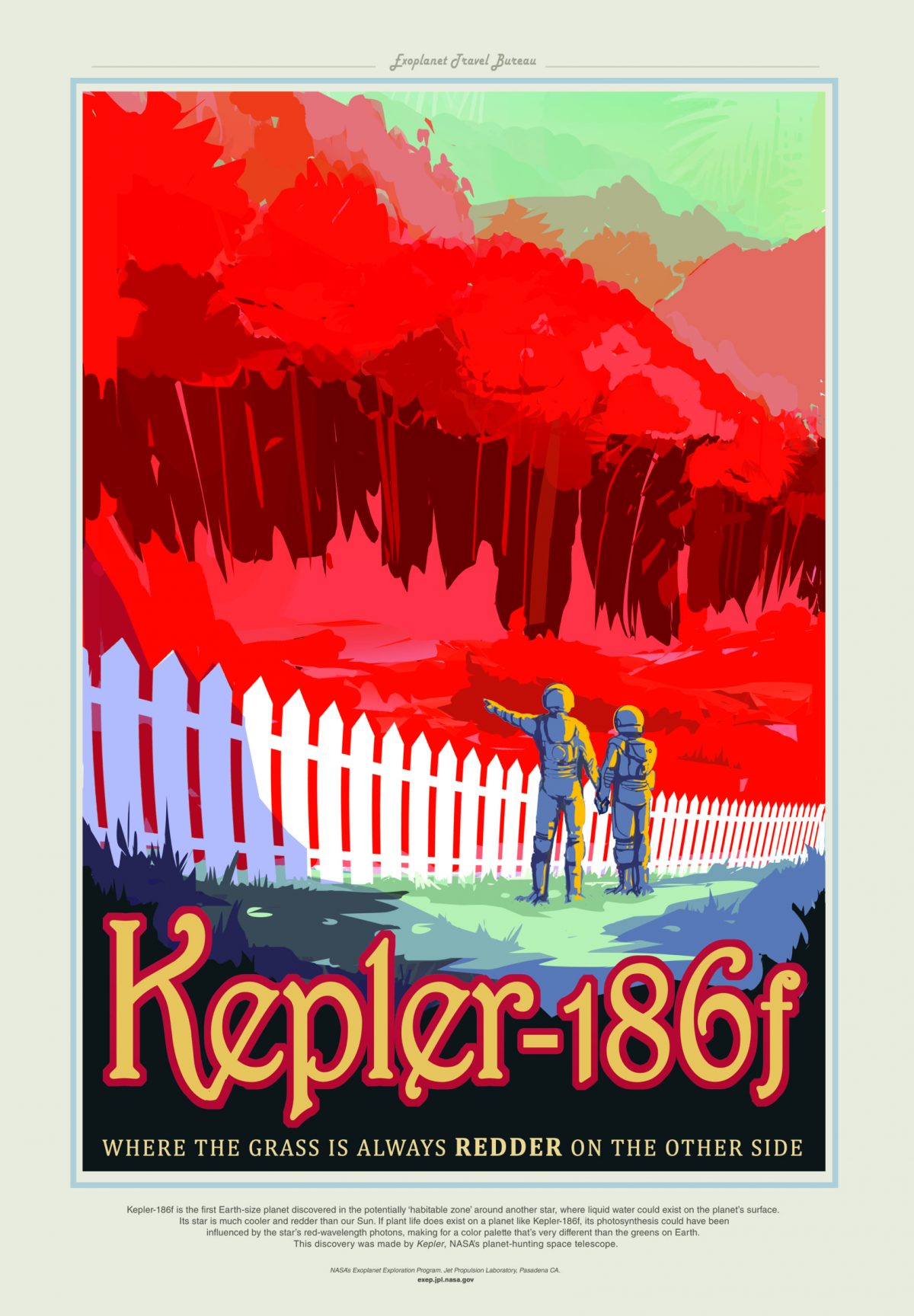 Kepler-186f is the first Earth-size planet discovered in the potentially 'habitable zone' around another star, where liquid water could exist on the planet's surface. Its star is much cooler and redder than our Sun. If plant life does exist on a planet like Kepler-186f, its photosynthesis could have been influenced by the star's red-wavelength photons, making for a color palette that's very different than the greens on Earth. This discovery was made by Kepler, NASA's planet hunting telescope.