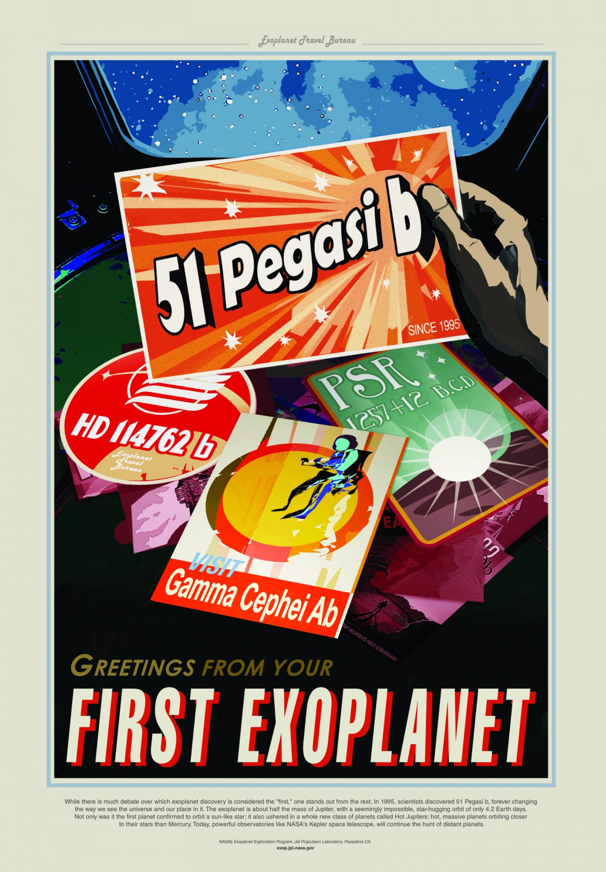 While there is much debate over which exoplanet discovery is considered the "first," one stands out from the rest. In 1995, scientists discovered 51 Pegasi b, forever changing the way we see the universe and our place in it. The exoplanet is about half the mass of Jupiter, with a seemingly impossible, star-hugging orbit of only 4.2 Earth days. Not only was it the first planet confirmed to orbit a sun-like star, it also ushered in a whole new class of planets called Hot Jupiters: hot, massive planets orbiting closer to their stars than Mercury. Today, powerful observatories like NASA's Kepler space telescope will continue the hunt of distant planets.