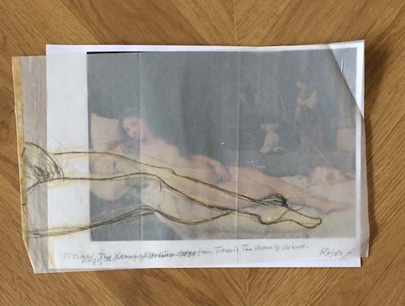 Artwork replicating Titian’s The Venus Of Urbino for an appliqué for Elton John, 1971.