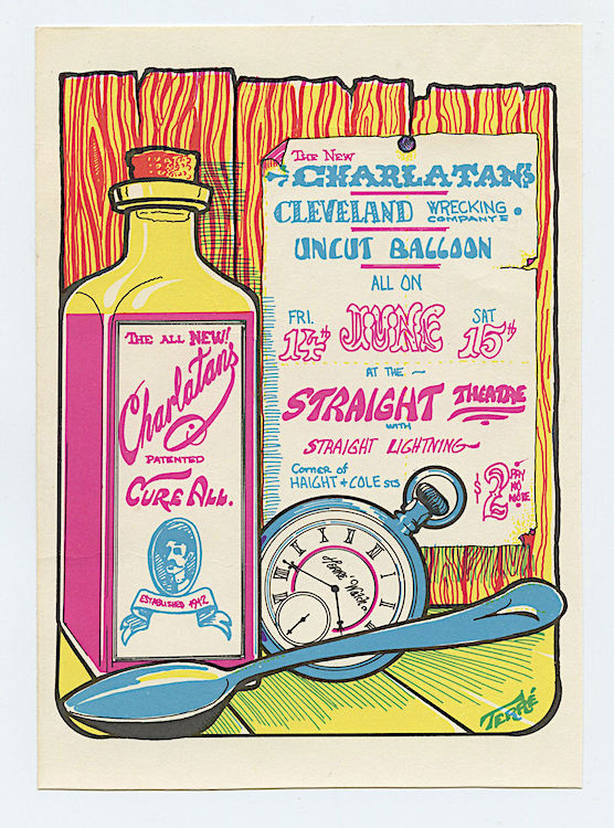 By the time of this June 1968 show at the Straight Theatre, Richard Olsen and Mike Wilhelm were the only two original members of the Charlatans in the band. Poster by Nathan Terre.