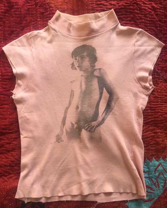 Front of one of Malcolm McLaren’s own Smoking Boy shirts. The image is repeated on the back. 