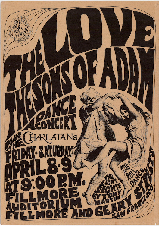This early Wes Wilson poster from 1966 for a Family Dog show at the Fillmore includes Hunter’s Charlatans logo. Via ClassicPosters.com.