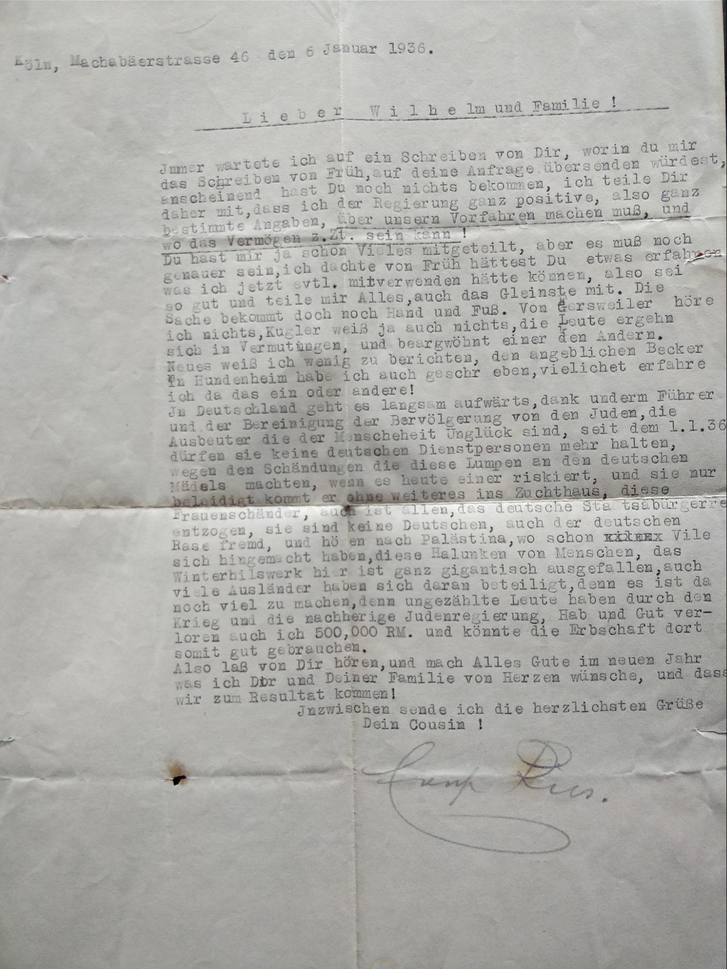 letter 1936 Jews Nazis Ernst Ries